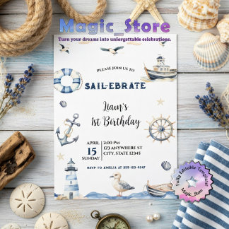 Invitación Acuarela Náutica Celebración de Vela Cumpleaños de