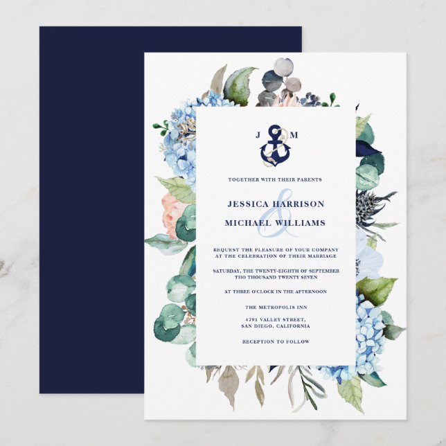 Invitación Acuarela Náutica Floral Hidrangea Boda (Anverso / Reverso)