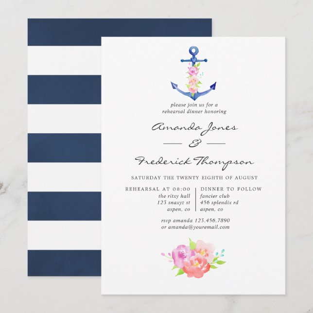 Invitación Acuarela Náutica Temática Floral Ensayo Cena (Anverso / Reverso)