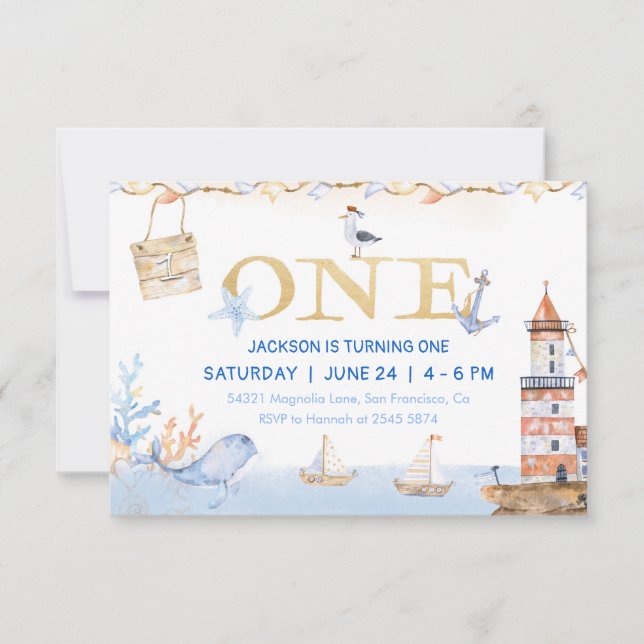 Invitación Acuarela Náutica Un Cumpleaños (Anverso)