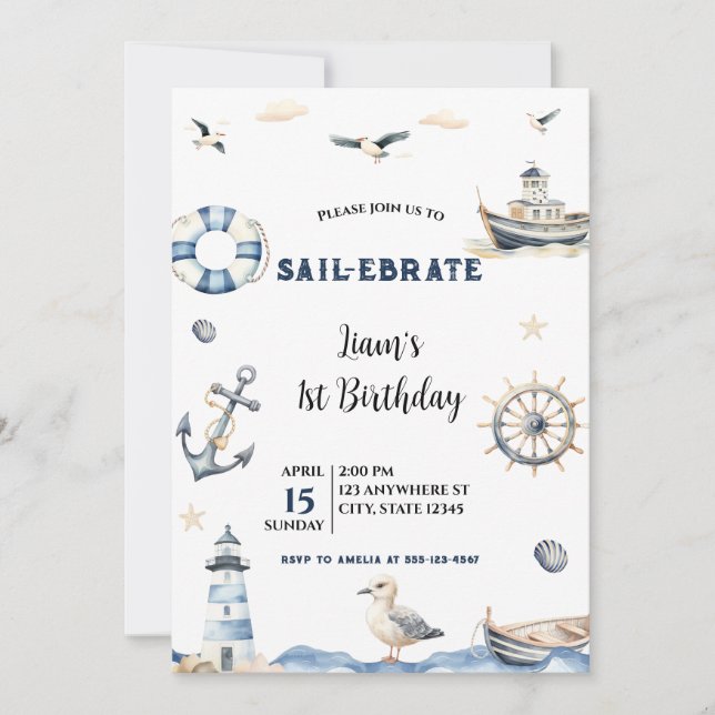 Invitación Acuarela Nautical Sail-Ebrate Nailboat Cumpleaños (Anverso)