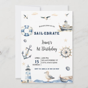 Invitación Acuarela Nautical Sail-Ebrate Nailboat Cumpleaños