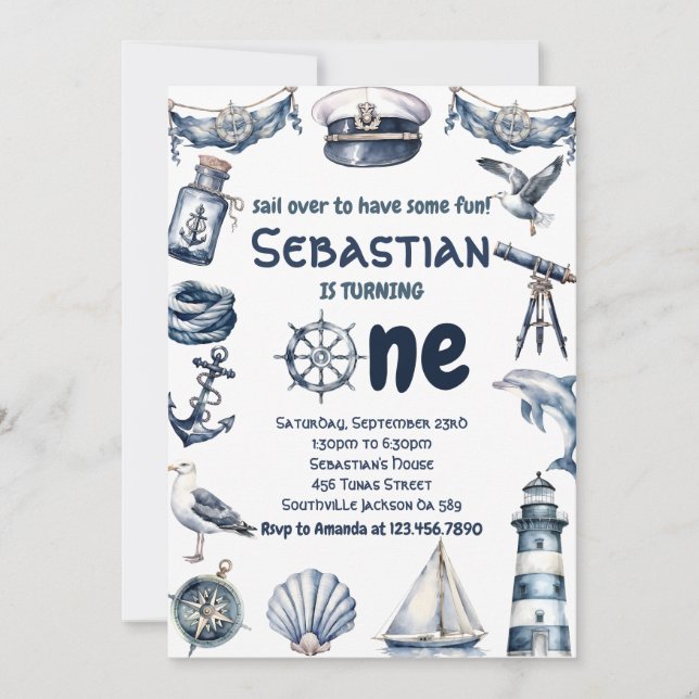 Invitación Acuarela Nautical Sailor Boys 1er cumpleaños (Anverso)