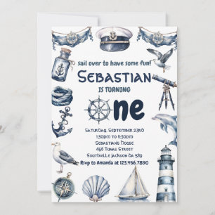 Invitación Acuarela Nautical Sailor Boys 1er cumpleaños