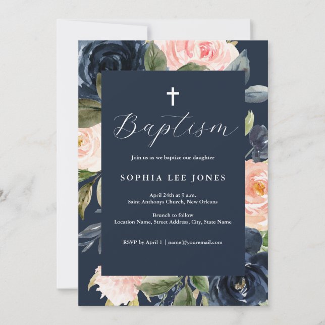 Invitación Acuarela Naval Flores Rosa Melocotón Bautizo  (Anverso)
