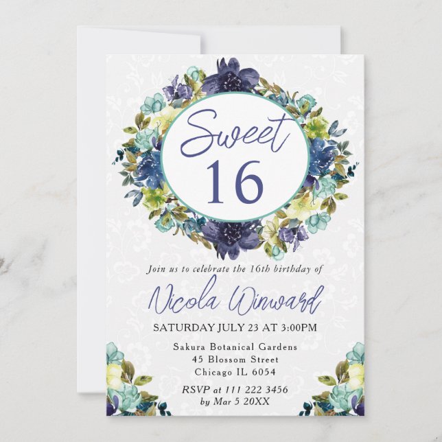 Invitación Acuarela Naval y Corona Dulce 16 (Anverso)