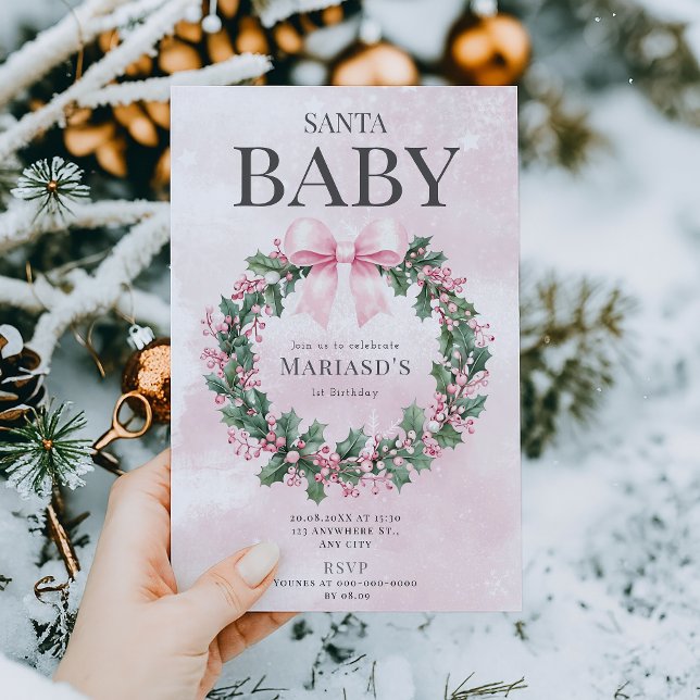 Invitación acuarela Navidades rosados cumpleaños Santa (Subido por el creador)
