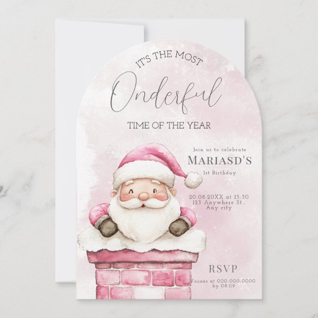 Invitación acuarela Navidades rosados cumpleaños Santa (Anverso)