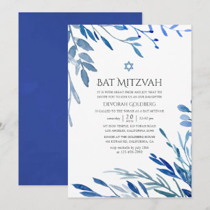 Invitación Acuarela Navy Indigo Hojas Bat Mitzvah