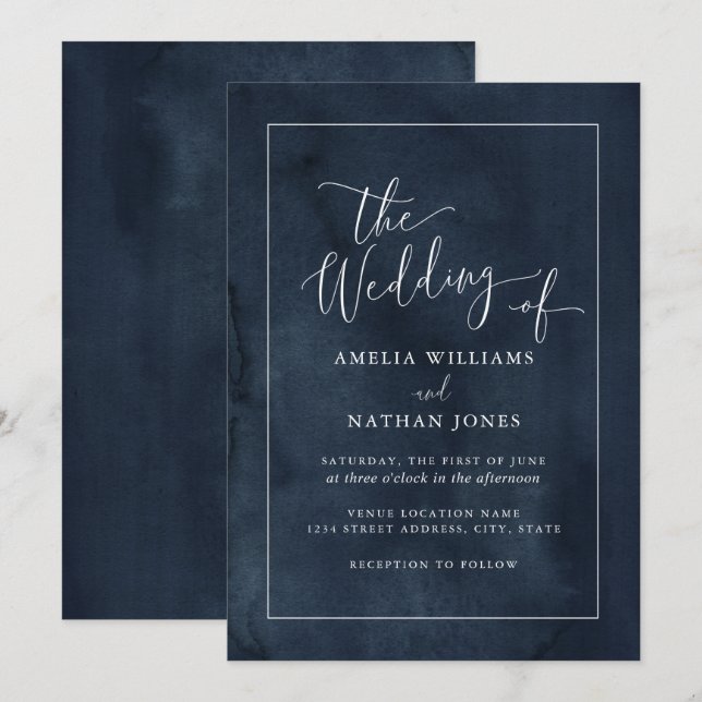 Invitación Acuarela Navy La Boda de Boda (Anverso / Reverso)