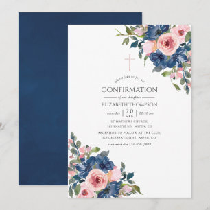 Invitación Acuarela Navy y Floral Blush Confirmación
