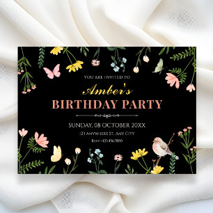 Invitación Acuarela negra floral primavera cumpleaños