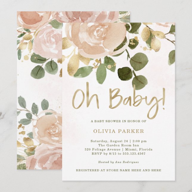 Invitación Acuarela Neutra Floral| Oh Baby Baby Shower (Anverso / Reverso)
