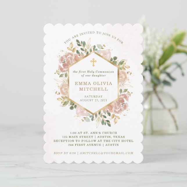 Invitación Acuarela Neutra Floral| Primera Comunión Santa (Anverso de pie)