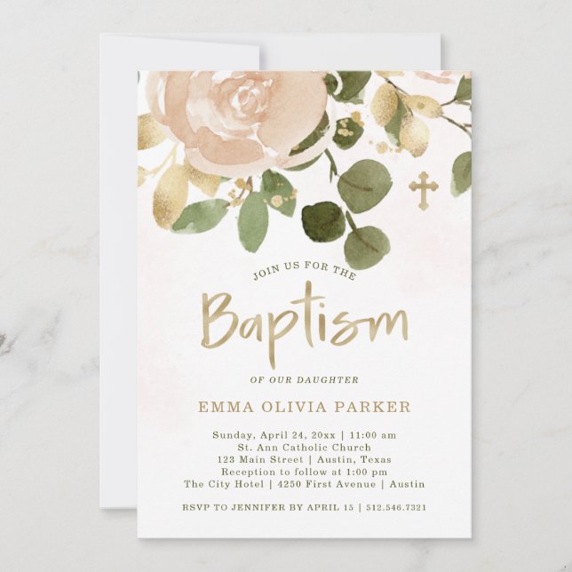 Invitación Acuarela neutra y floral dorada| Bautismo (Anverso)