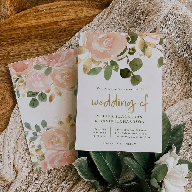 Invitación Acuarela neutral y floral de oro | BODA (Subido por el creador)