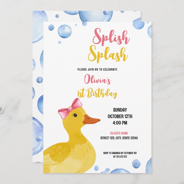 Invitación Acuarela Niña del Pato Amarillo Cumpleaños (Anverso / Reverso)