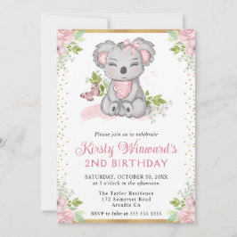 Invitación Acuarela Niña Koala Floral Lindo Cumpleaños 2