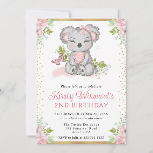 Invitación Acuarela Niña Koala Floral Lindo Cumpleaños 2
