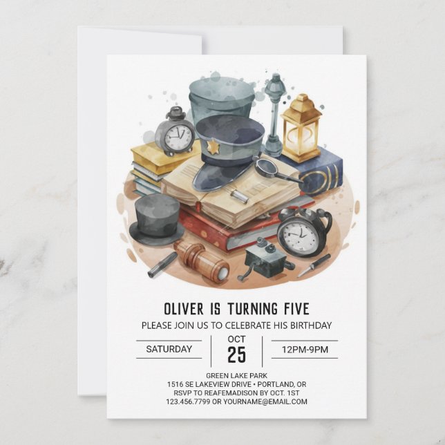 Invitación Acuarela Niños Detective Cumpleaños (Anverso)