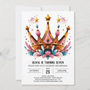 Invitación Acuarela Niños Princesa Corona Cumpleaños