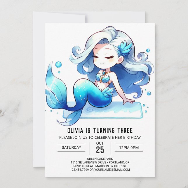 Invitación Acuarela Niños Sirena Cumpleaños (Anverso)