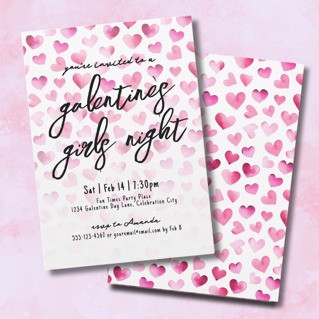 Invitación Acuarela nocturna de chicas de Galentine (Girls Night Watercolor Hearts Galentine's Day Invitation)