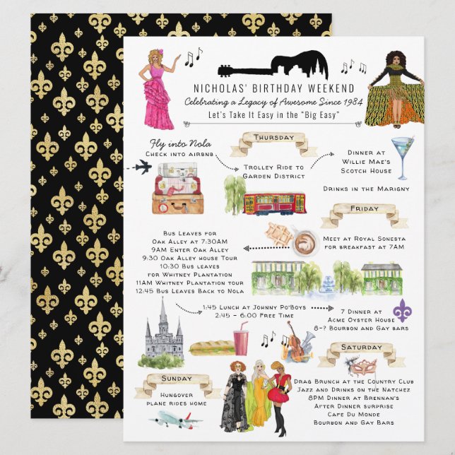 Invitación Acuarela Nueva Orleans Cumpleaños Fin de Semana It (Anverso / Reverso)