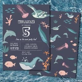Invitación Acuarela Ocean Sea Animals Blue Birthday