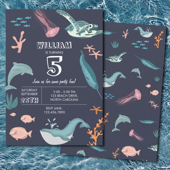 Invitación Acuarela Ocean Sea Animals Blue Birthday (Watercolor Ocean Sea Animals Blue Birthday Invitation)