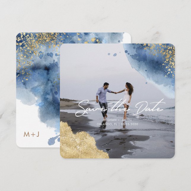 Invitación Acuarela océano celeste Foto Guardar la fecha (Anverso / Reverso)