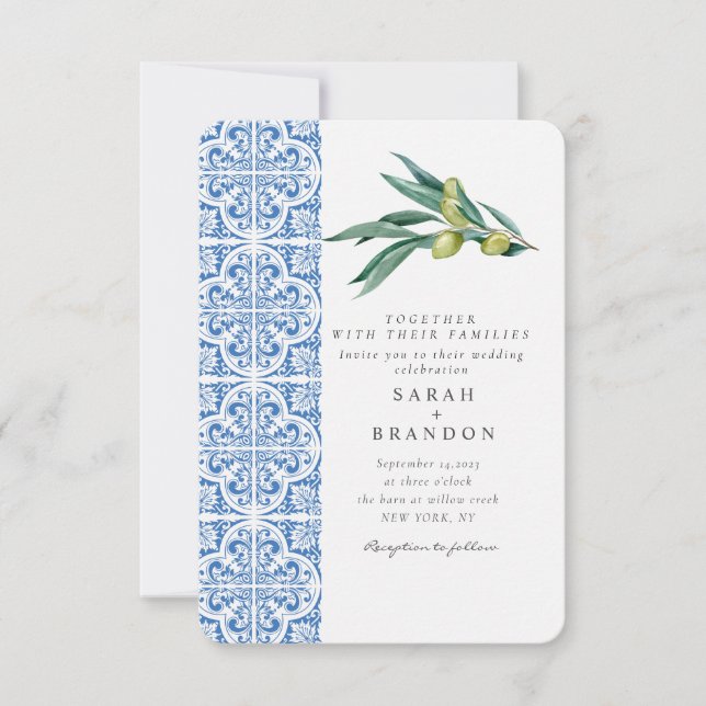 Invitación Acuarela Olive Blue azulejos Mediterráneo Boda (Anverso)