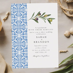 Invitación Acuarela Olive Blue azulejos Mediterráneo Boda