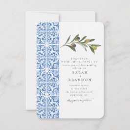 Invitación Acuarela Olive Blue azulejos Mediterráneo Boda