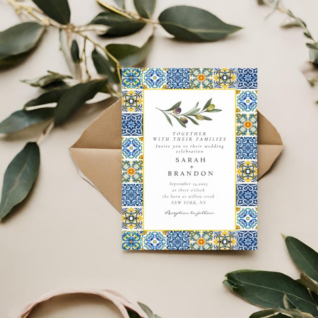 Invitación Acuarela Olive Blue azulejos Mediterráneo Boda I (Subido por el creador)