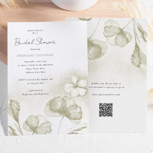 Invitación Acuarela Olive Green Floral QR Bridal Shower (Subido por el creador)