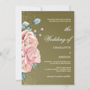 Invitación Acuarela Olive Green Y Rubor Pink Boda
