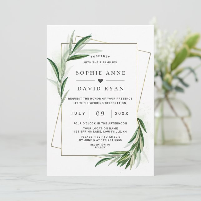 Invitación Acuarela Olive Sale Invitat Boda del marco dorado (Anverso de pie)