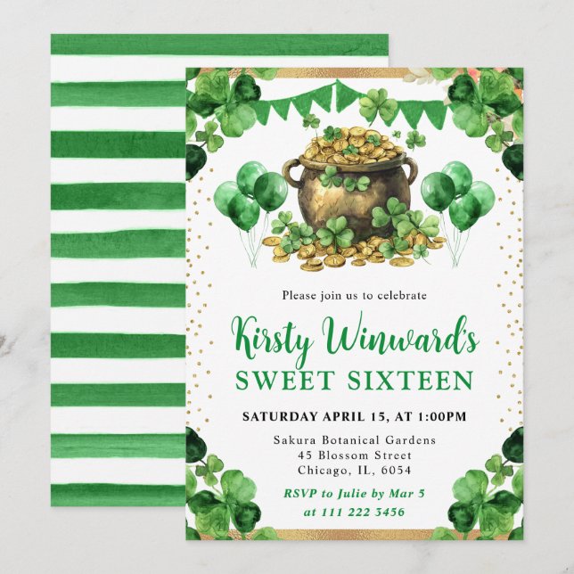 Invitación Acuarela Olla de Oro Dulces 16 de San Patricio (Anverso / Reverso)