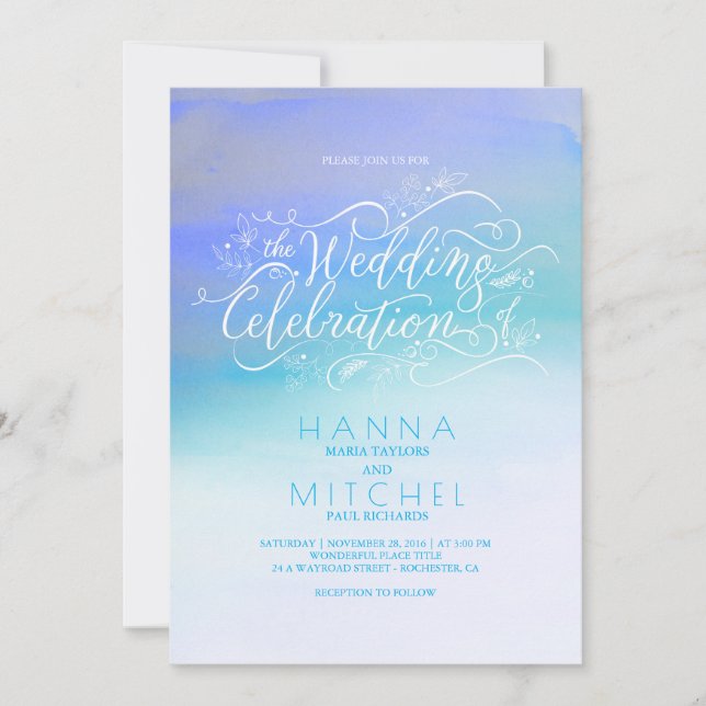 Invitación Acuarela Ombre Azul Típografía Moderna Boda (Anverso)