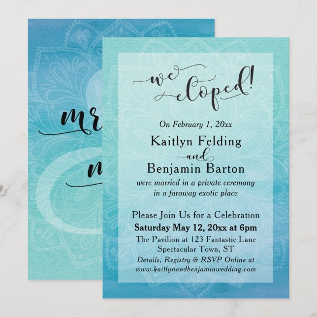 Invitación Acuarela Ombre Azul Turquesa Mandala Nos Fugamos (Anverso / Reverso)