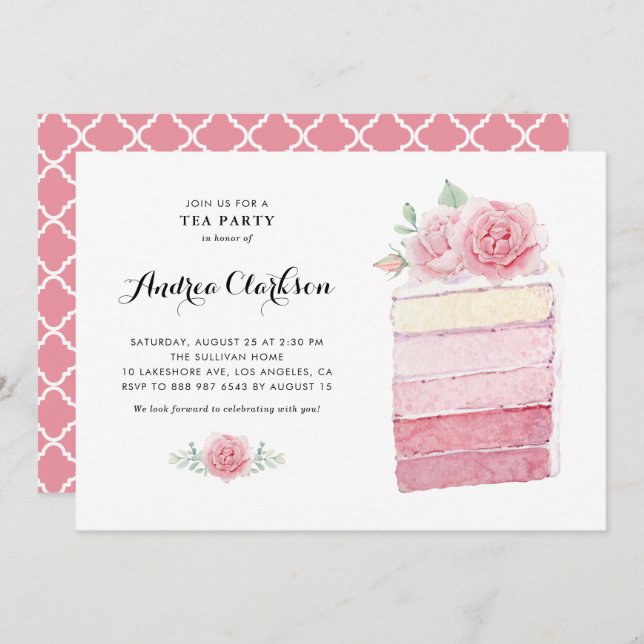 Invitación Acuarela Ombre rosa trozo de pastel de novia Fiest (Anverso / Reverso)