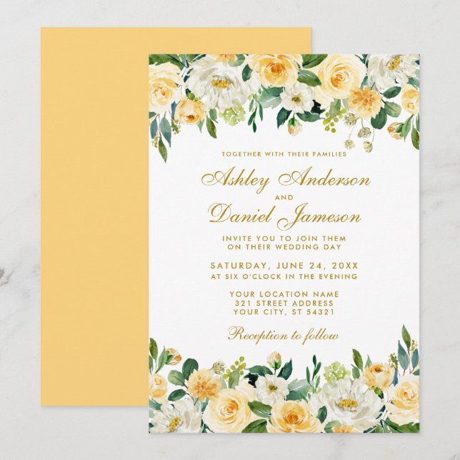 Invitación Acuarela Oro Amarillo Boda Elegante Blanca (Anverso / Reverso)