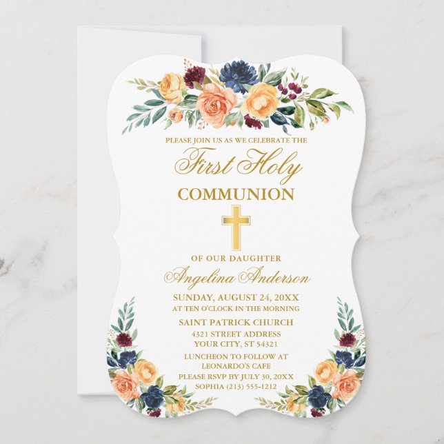 Invitación Acuarela Oro Floral Mezclado Primera Comunión Sant (Anverso)