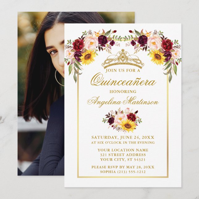 Invitación Acuarela Oro Floral Mezclado Quinceanera Foto (Anverso / Reverso)