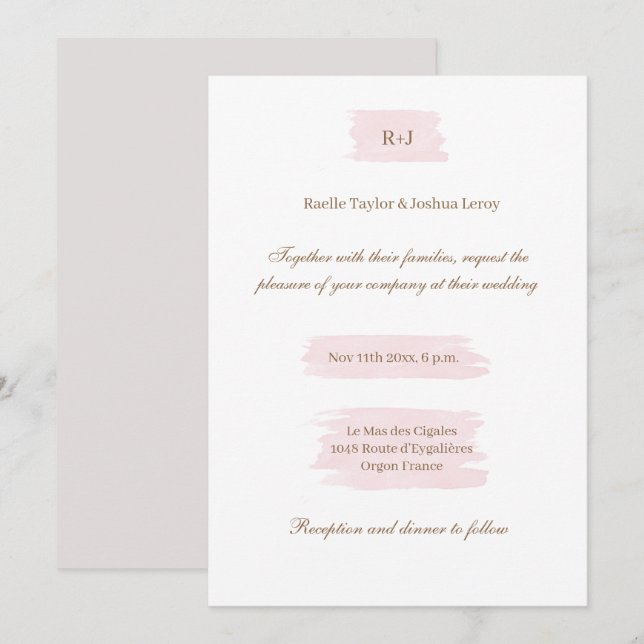 Invitación Acuarela Oro Rosa Blanco Gris Elegante Boda (Anverso / Reverso)
