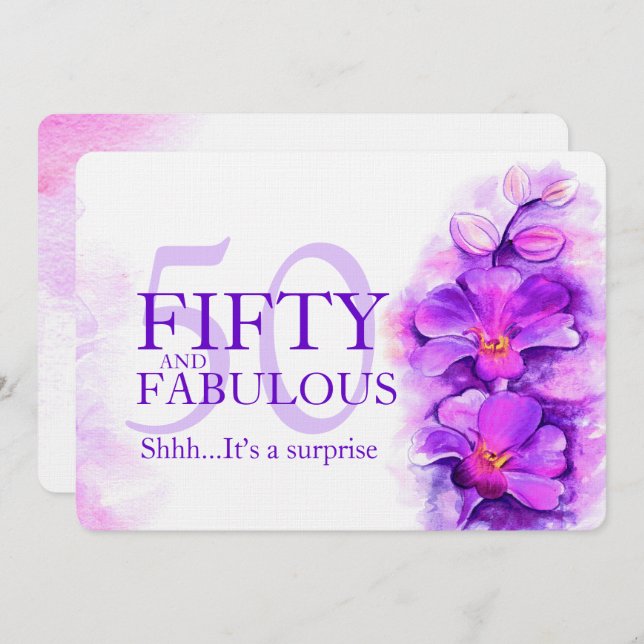 Invitación Acuarela orquídea malva morada cincuenta y fabulos (Anverso / Reverso)