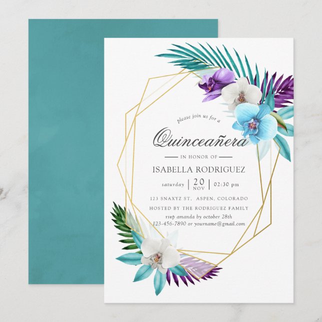 Invitación Acuarela Orquídea Tropical Quinceañera Geométrica (Anverso / Reverso)