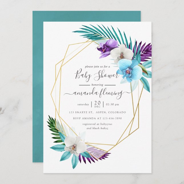 Invitación Acuarela Orquídeas Tropicales Baby Shower Geométri (Anverso / Reverso)