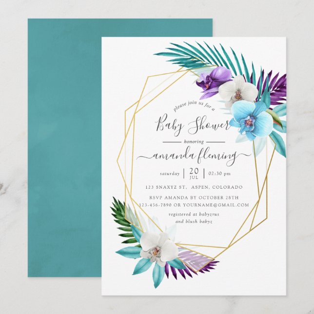 Invitación Acuarela Orquídeas Tropicales Baby Shower Geométri (Anverso / Reverso)